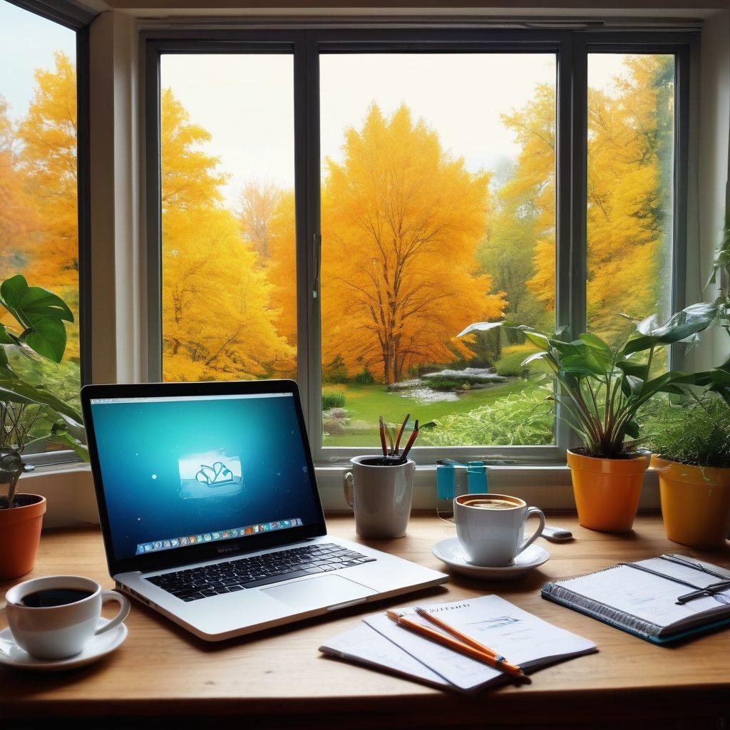 A creative workspace showcasing an array of blogging tools like laptops, notebooks, and coffee cups, surrounded by floating icons representing SEO, social media, and analytics. The scene emanates a warm, inviting atmosphere with a splash of colors that symbolize creativity and innovation. Add elements of nature, like plants and a window view for inspiration. super-realistic. vibrant colors. bright background.