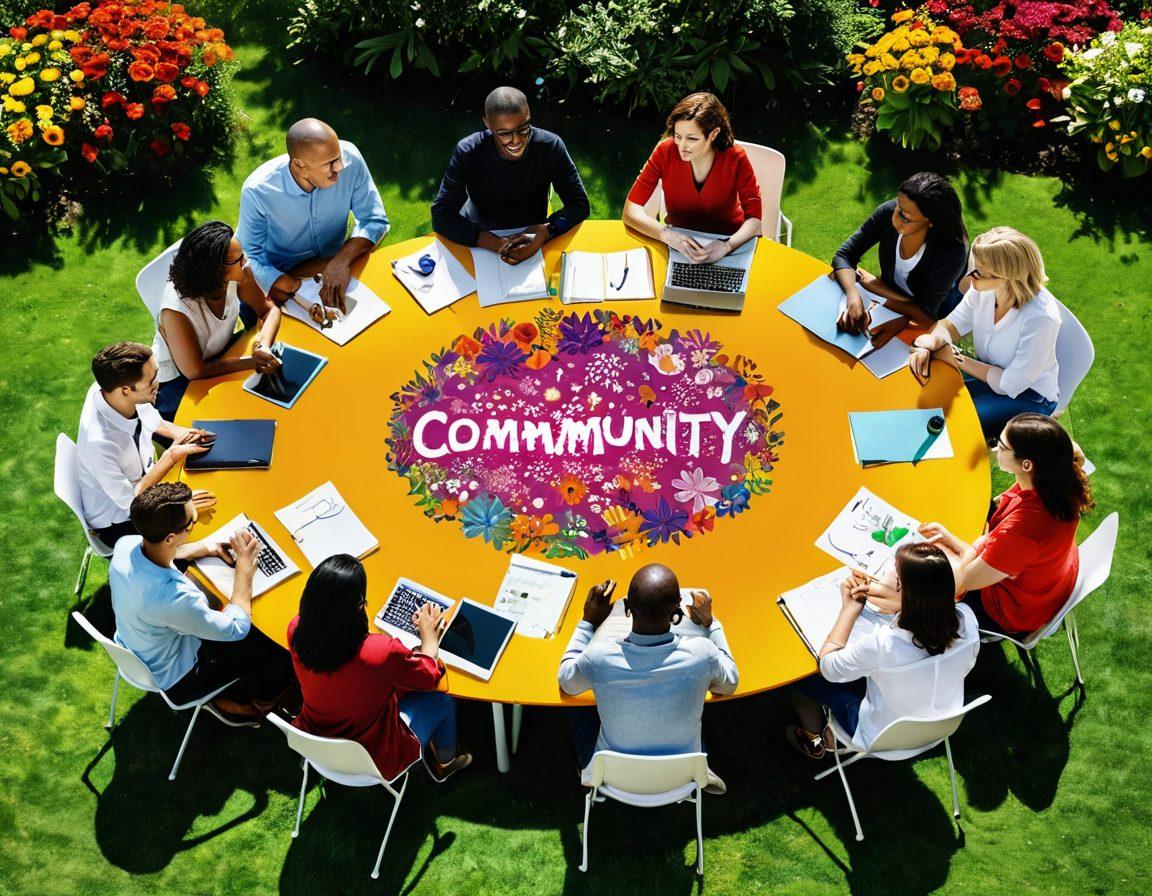A lively scene of diverse individuals engaged in a dynamic discussion around a large, colorful round table filled with laptops, coffee cups, and notebooks. Visualize a vibrant garden backdrop with flowers representing different cultures, symbolizing connection and collaboration. Include visual elements like speech bubbles with ideas floating around and colorful banners with words like 'Community' and 'Creativity'. The atmosphere should be joyful and inviting. super-realistic. vibrant colors. cheerful setting.